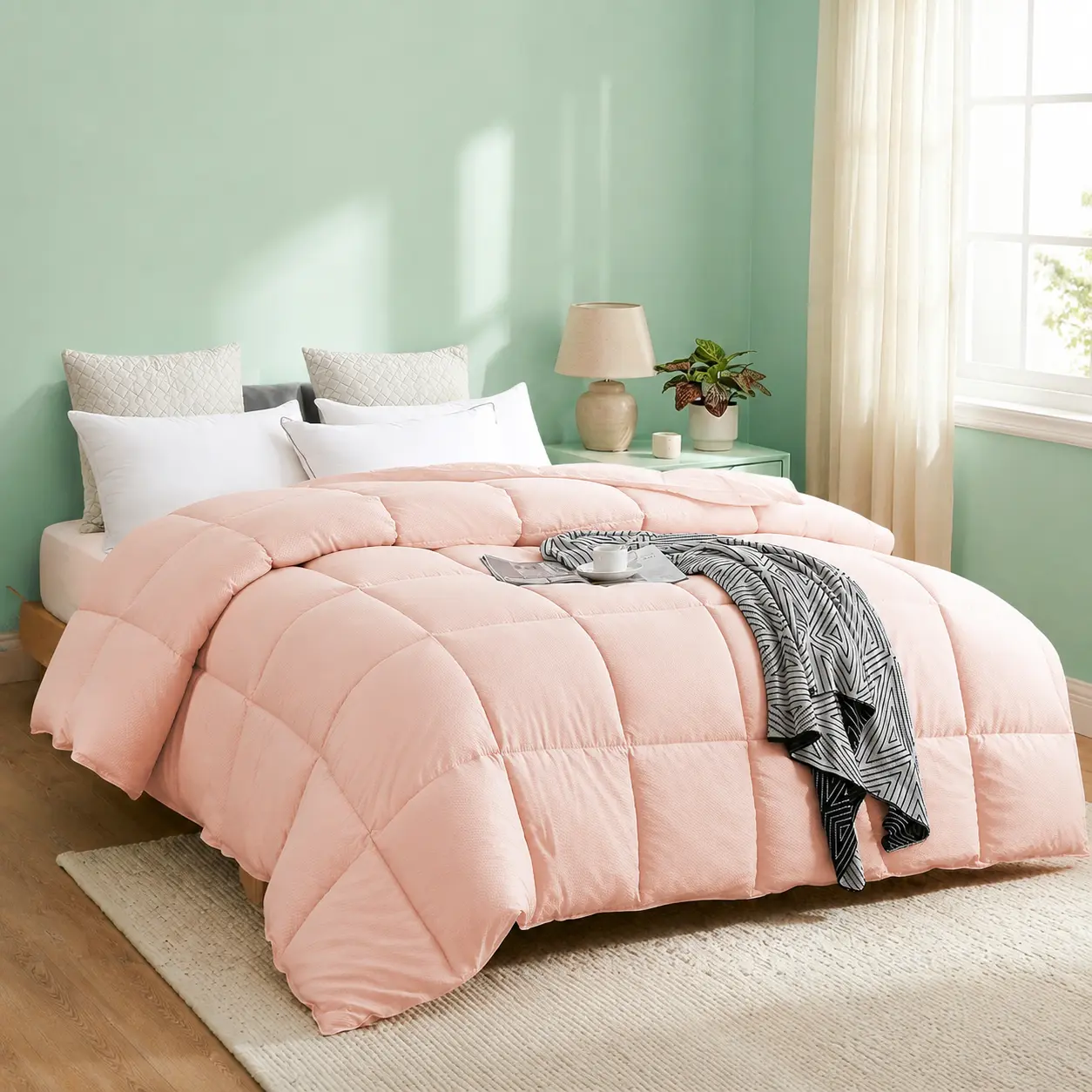 InnerNight Sleep Queen Comforter Duvet Insert, Puffed Quilted Pink Comforter with Corner Tabs, Box Stitched Down Alternative Comforters, all-season ,gentle soft，Queen Size 90x90 inches