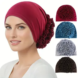 Women's 3pcs Stretchy Ruffled Chiffon Hijab Undercap Hat - Ethnic Style, Breathable, Modest Fashion, All-Season Sports & Outdoor Headwear