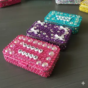 Bedazzled Pill Box | Rhinestone Travel Pill Case | Cute Sparkly Medicine Holder | "Happy Pills" & "Pills Baby"  Organizer | Gift for Her