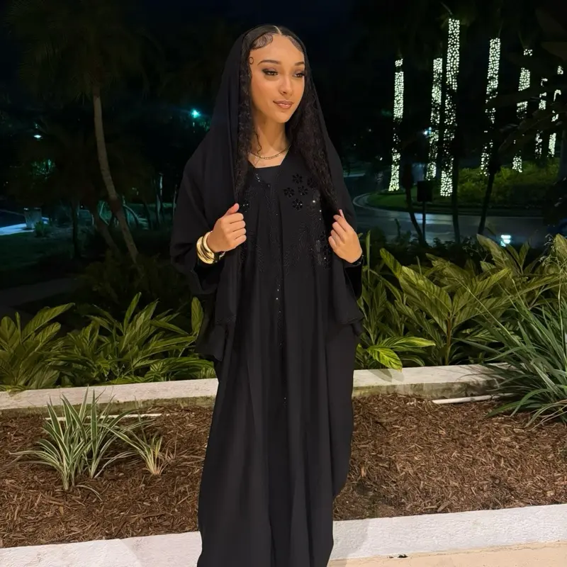 So Royalty Black Flower Rhinestone Abaya With Hijab for Elegant Occasions