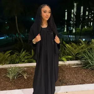 So Royalty Black Flower Rhinestone Abaya With Hijab for Elegant Occasions