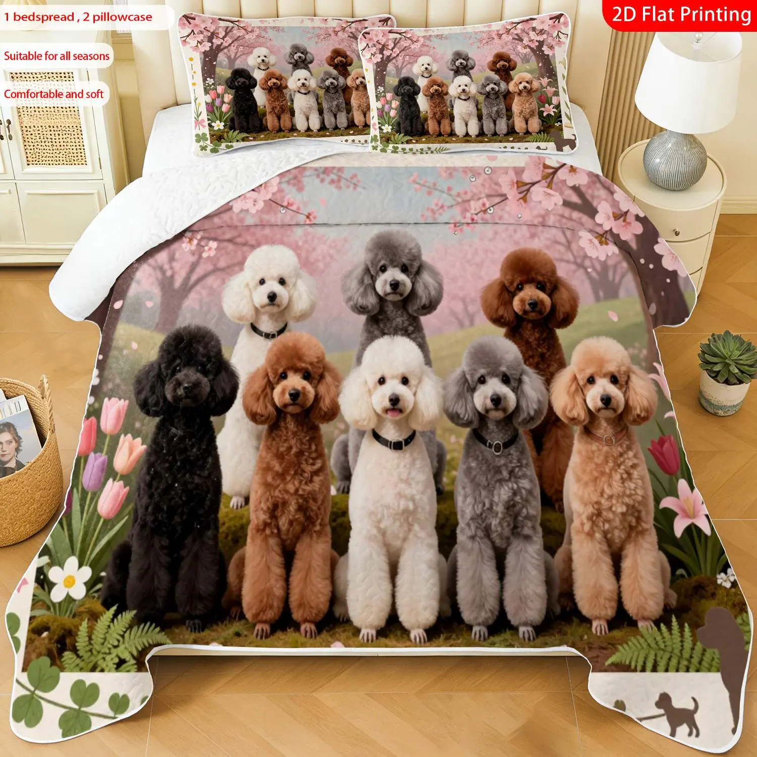 3pcs, 2D flat print Cute Poodle Dog Bedspread Set, Spring Cherry Blossom Theme, multiple sizes available, bedding set, festive decorative bedding, ideal for bedroom décor(1 bedspread , 2 pillowcase)