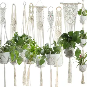 American Country Style Handmade Cotton Rope Flower Pot Net Bag Beige Hanging Basket Sling for Indoor Plant Hanger Breathable Luminous Transparent Durable Water-Saving