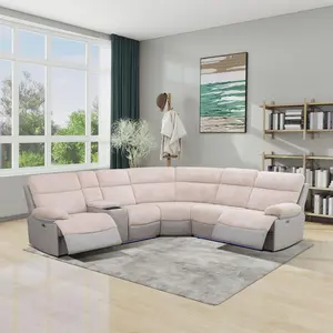 Power Recliner Sectional Sofa Set Corduroy Reclining 6-Seaters Corner Sofa Chair Set with Cup Holders Storage USB Ports Living Room Furniture