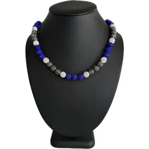 Iced Bling Disco Ball Rhinestone Crystal Bead Baseball Necklace Royal Blue Silver