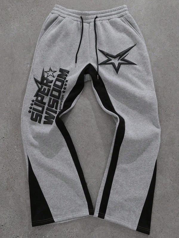 Retro Oversized Star Pattern Flared Sports Pants, Heavyweight Contrast Color Wide-Leg Joggers for Festivals & Street Fashion, Comfortable Loose-Fit Athletic Trousers