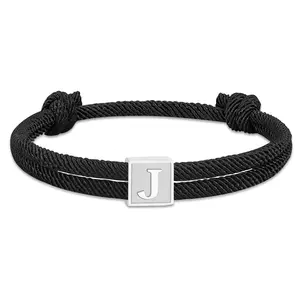 Personalized Initial Letter Braided Bracelet, Adjustable Black Cord with Silver Tone "K" Charm, Minimalist Customizable Jewelry
