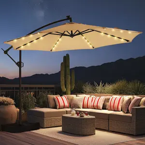 [10ft] Solar Lights Offset Cantilever Patio Umbrella - w/Light and Base, LED Lighted Offset Hanging Patio Outdoor Market Umbrella UPF50+ UV Protection with Easy Tilt and Crank