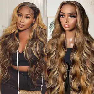13x4 Lace Front Wigs Human Hair 200 Density Honey Blonde Ombre Highlight Body Wave Lace Front Wigs Human Hair Pre Plucked HD Lace Frontal Glueless Wig for Women 4/27
