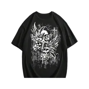 Men's Gothic Graphic Tees Skull Print Drop Shoulder Short Sleeve Y2K Streetwear Tshirt Top