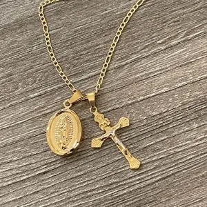 18k Gold Plated Guadalupe Charm & Cross Necklace