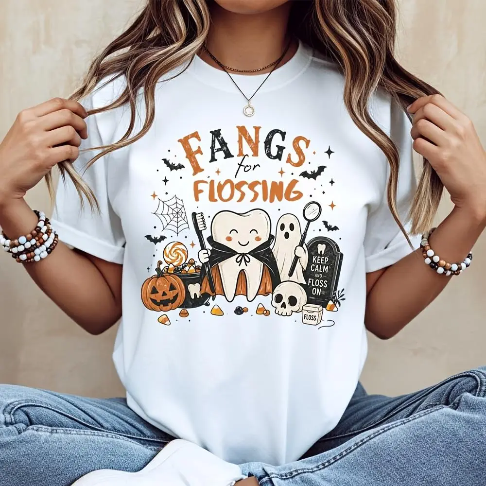 Fangs For Flossing Vampire Tooth Ghost Halloween Graphic, T-Shirt, Funny Dental Hygiene Holiday Top, Casual Party Wear