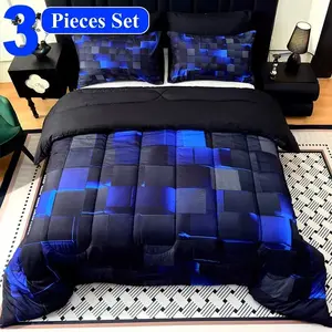 3-piece blue checkered quilt set (1 quilt + 2 pillowcases without pillow cores), containing 200gsm filled quilted fabric, soft and breathable with digital printing of the silver leaf pattern for bedroom, dormitory, home use, high-end quality.