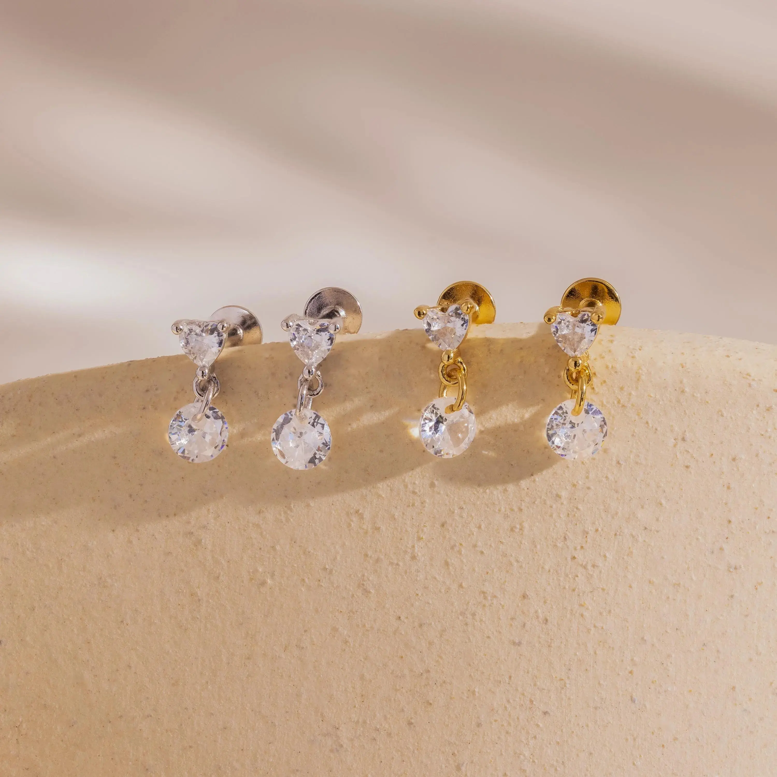 Heart Drop Flatback Studs by Caitlyn Minimalist - Dainty Diamond Dangle Stud Earrings - Wedding Jewelry - Gift for Her
