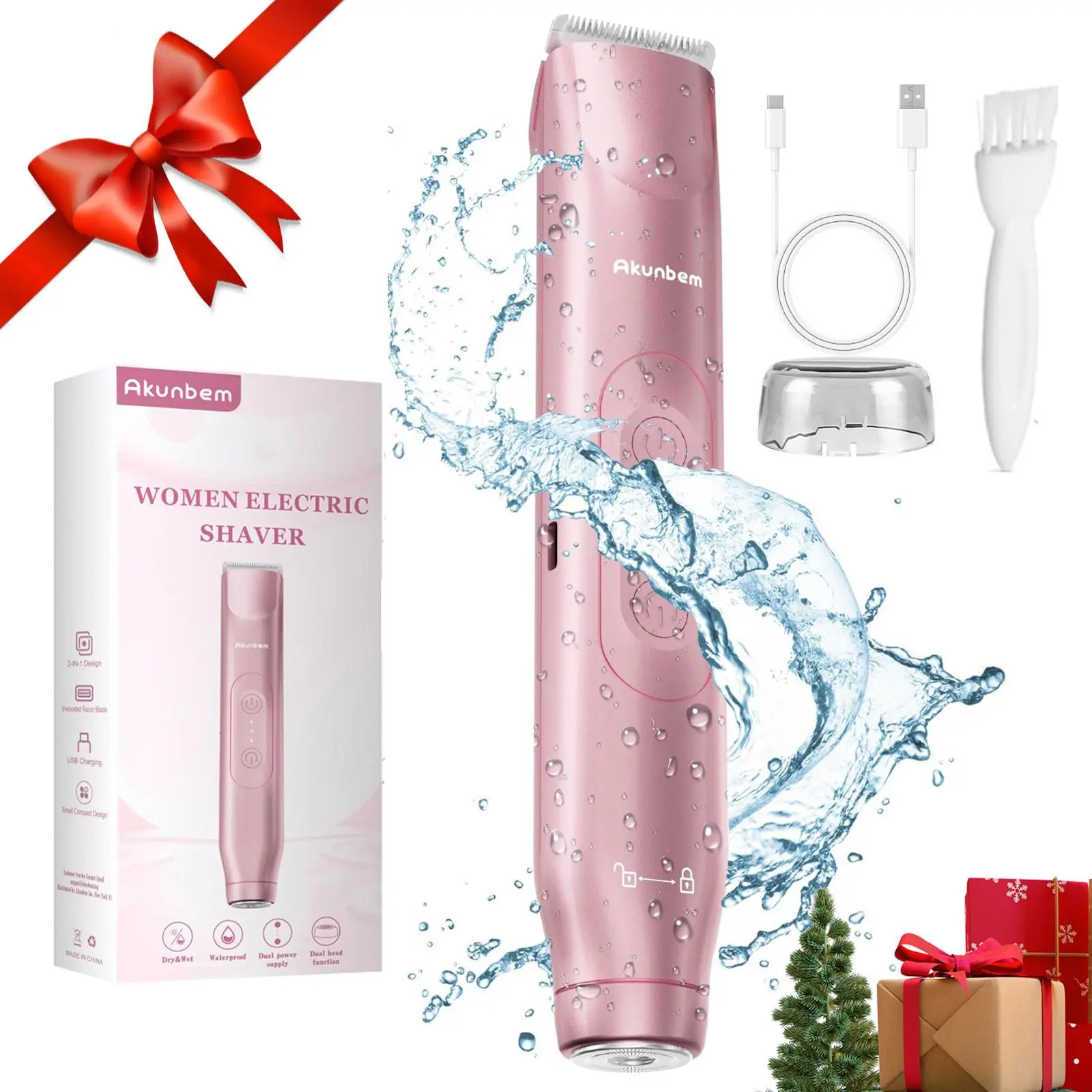 Akunbem Multifunctional Hair Trimmer for Women, 2-in-1 Intimate Pubic and Removable Bikini Trimmer, Painless Electric Shaver with Dual Heads for Face & Body Hair, IPX7 Waterproof, Rechargeable, Intimate Pubic Trimmer