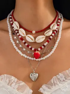 Sweet Strawberry Pendant Necklace Set, 8 Pcs Shell Bead Choker Chains, Elegant Beaded Necklace, Fresh Pearl String Jewelry for Women, Casual Fashion Accessories
