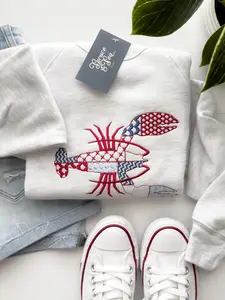Lobster Patchwork Style Embroidered Sweatshirt, Summer Nautical Crewneck, Gift For Him, Gift For Her