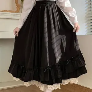 Japanese ruffles pleated skirt woman sweet high waist loose Ankle-length skirts women college style black patchwork A-line skirt Womenswear Bottom Cute Maxi