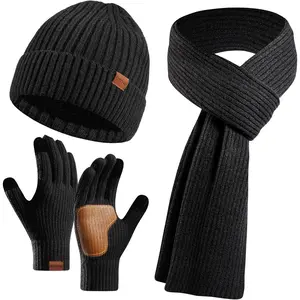 3PCS Winter Beanie Hat Scarf Touchscreen Gloves Set for Men & Women, Knitted Fleece Lined Long Scarf