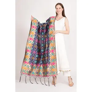 Blue Jacquard Polyester Dupatta With Tassels