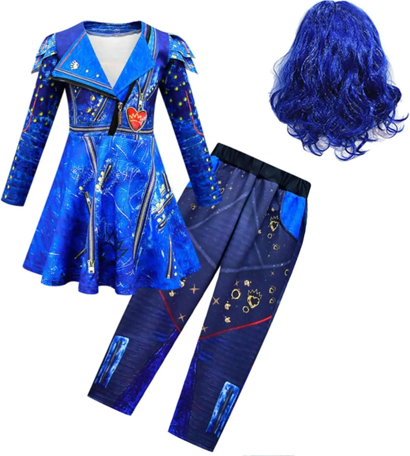 Costume Kids Girls Zipper Jacket and Pants Costumes Child, Evie Cosplay Outfit with Blue Wig for Halloween Costumes