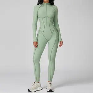 Color Block Stand Collar Women's Jumpsuit Half Zip One-Piece High Support Sports Yoga Fitness Wear