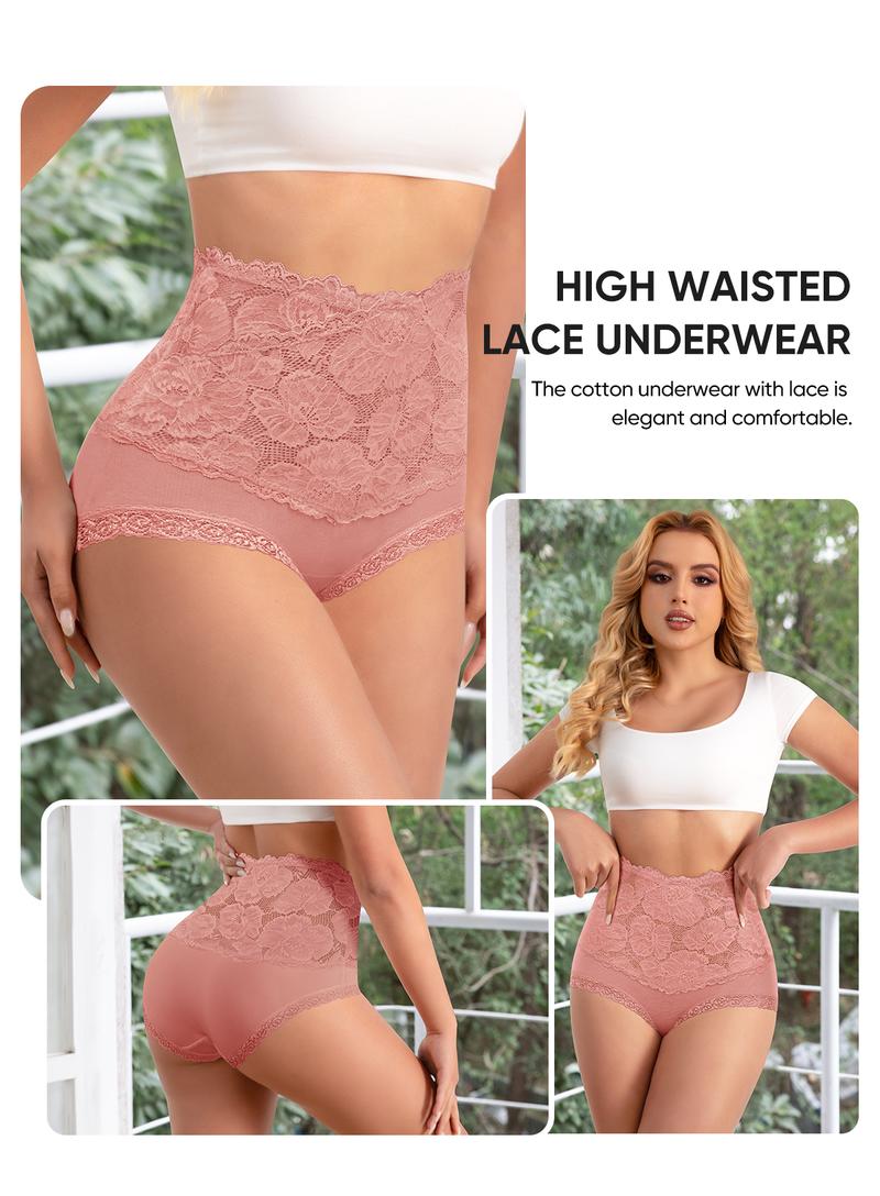 【COTTON】Morelect Women's Solid Color High Waist Briefs,5/7/10 pcs Soft Comfy Breathable Pastel Lace Knicker for Daily Wear, Underwear for All Seasons Womenswear Panties Basic Casual]