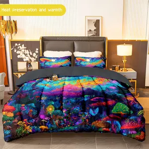 3pcs (1 comforter + 2 pillowcases) Psychedelic Mushroom Pattern Flannel & Microfiber Fleece Comforter Set, Ultra - Soft Milk Velvet Bedding Set for Adults, Cozy and Trendy Bedding Ensemble
