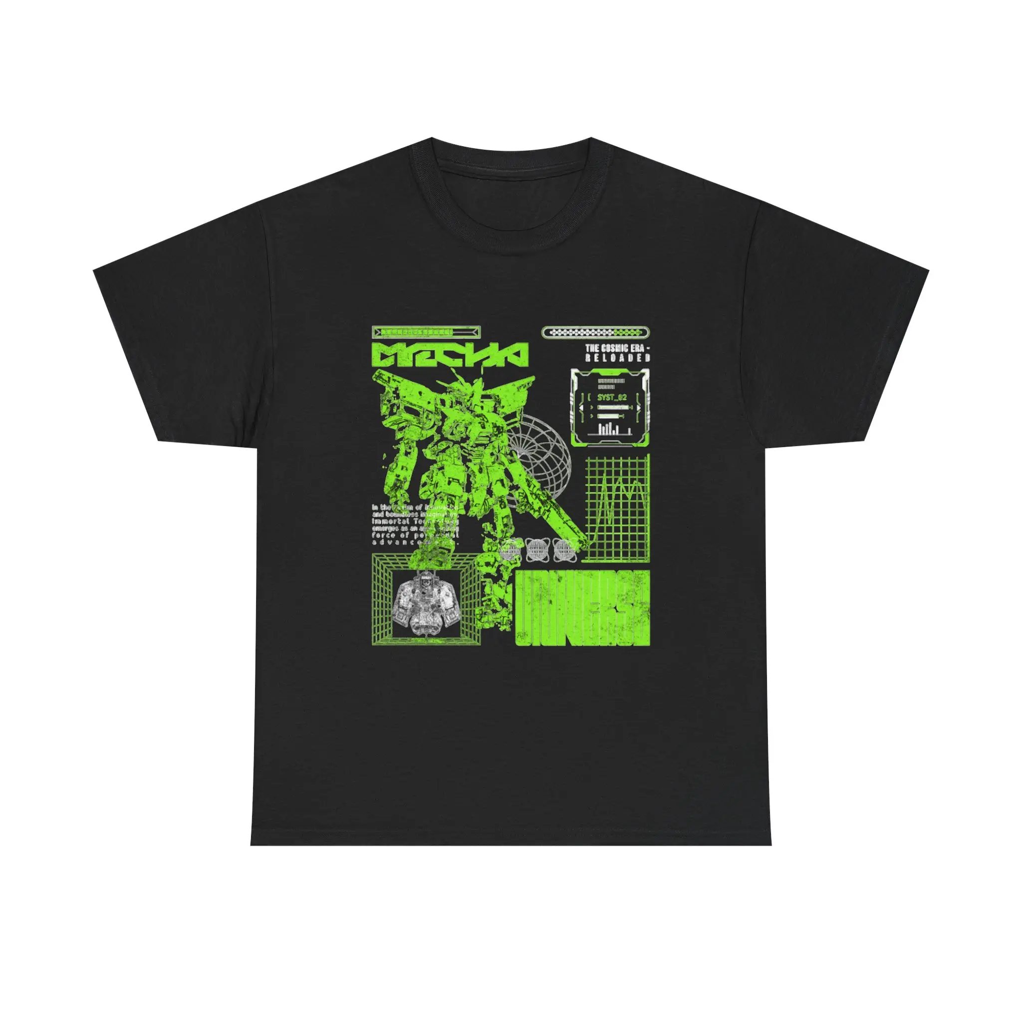 Mecha Robot Graphic Tee | Neon Green Tech Grid, Retro Cyberpunk