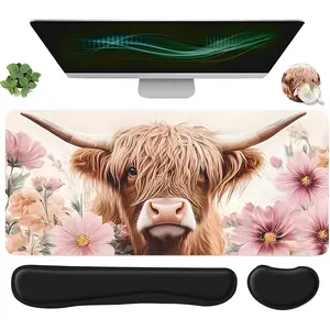 4pcs Highland Cow Floral Design Mouse Pad + Keyboard Wrist Rest + Ergonomic Mouse Pad + Coaster Set, Office Accessories Set with Ergonomic Wrist Support, Computer Mat for Desktop Decoration, Suitable for Home Office Gaming, Gaming Mousepad