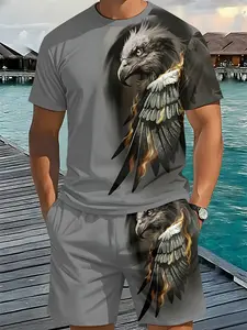 Fiery Eagle Domineering 3D Digital Printed Two-Piece Set, 2Pcs, Trendy Fashion Set, Trendy Retro Casual Two-Piece Set, Vacation-Style Trendy Outfit, Breathable Sports Casual Style, Perfect Holiday Gift for Men, Menswear