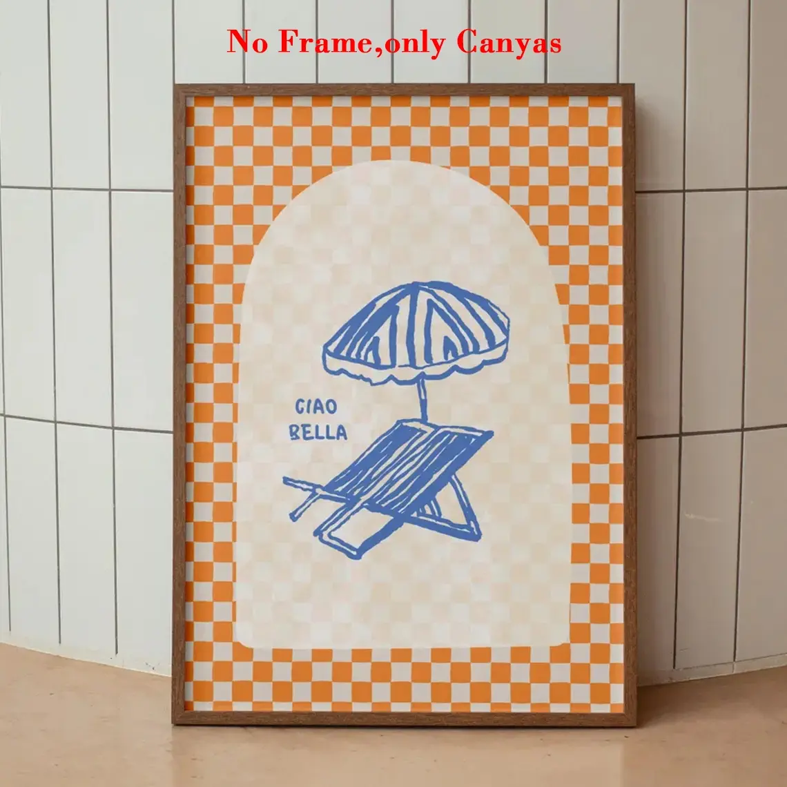 1pc, wall art, Vintage Decor, Ciao Bella Print Italy Poster, Trendy Printable Art, Canvas Prints, Beach Umbrella Art Checkered Retro Prints, Orange & Blue pattern, for bedroom, living room decoration, housewarming gift, unframed