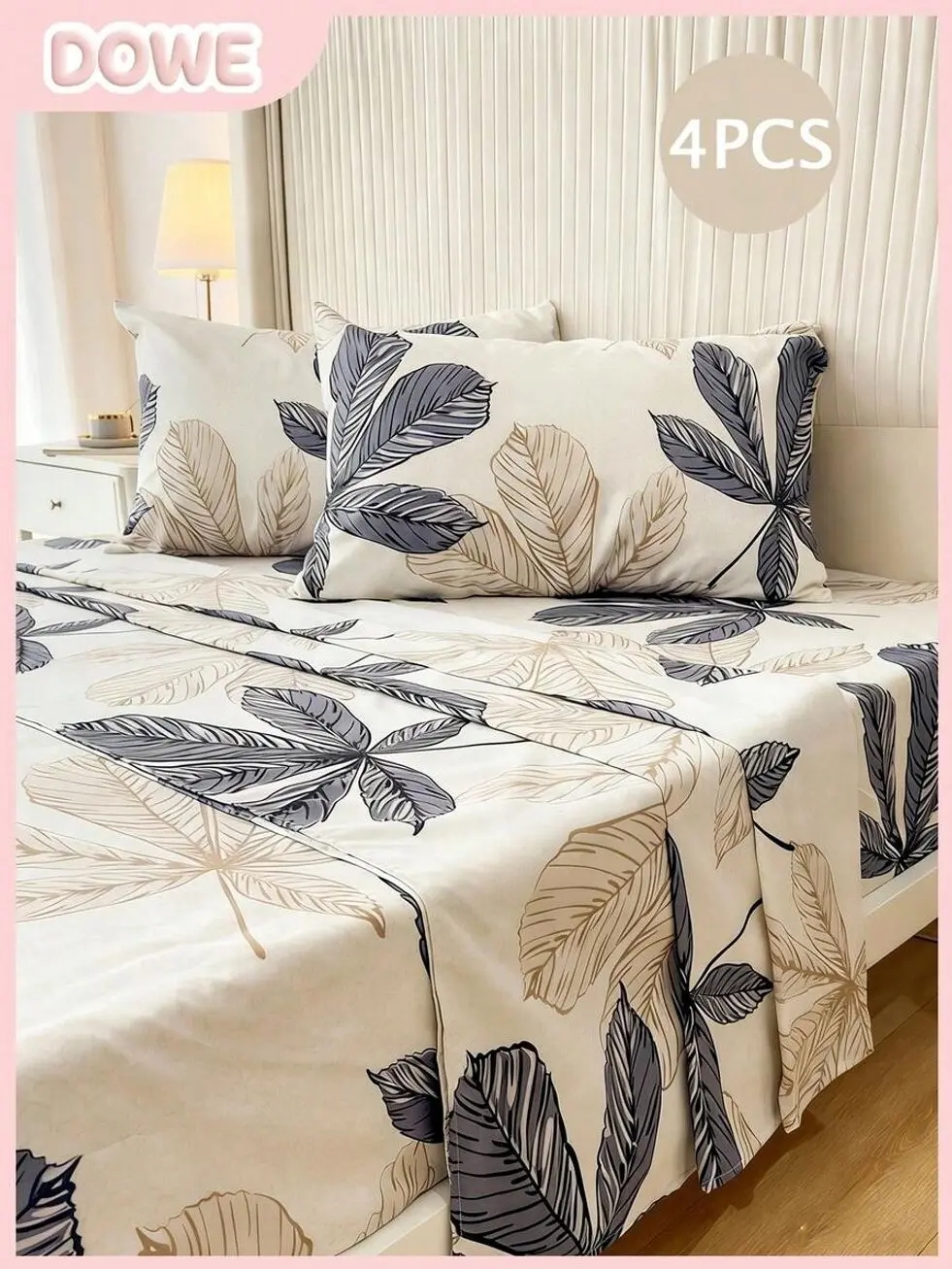 4PCS Pastoral Leaf Sheet Set, Deep Pocket Fitted Bedding, Soft Polyester Sheets with Pillowcases, Breathable All Season Bedroom Decor