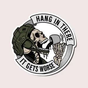 Hang In There Tactical Skull Sticker, Funny Military Coffee Decal, Dark Humor Combat Design for Laptop, Helmet, Car or Gear