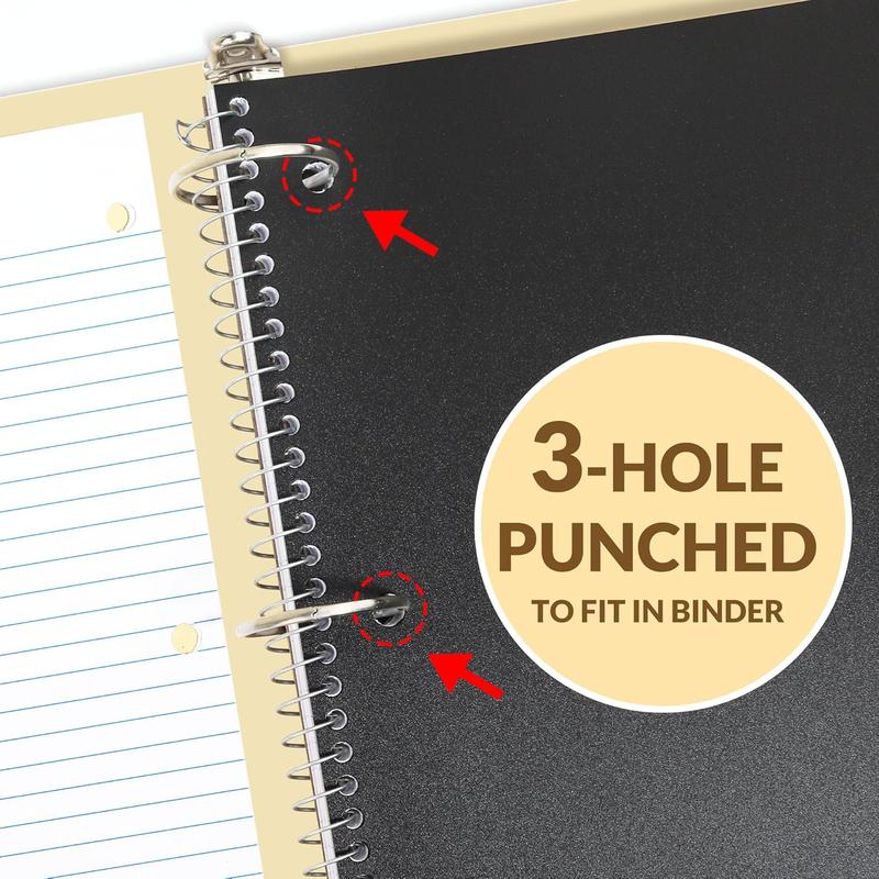 College Ruled Paper, x 101/2", 100 Sheets per Notebook, 3Hole Punched Paper, Water Resistant Cover, Doublesided Pockets, Spiral Lined Notebooks for Work, Black