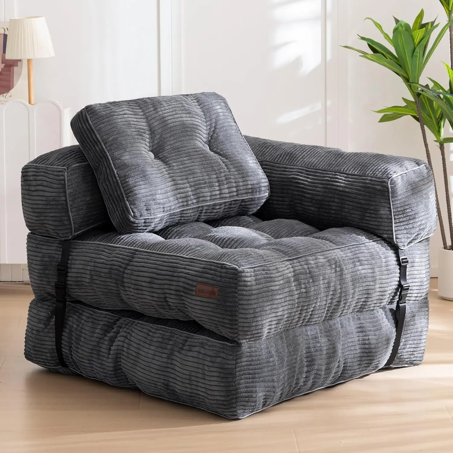 Boneless Folding Sofa Bed, Convertible Chair Bed with Pillow | L-Shaped Floor Sofa with Armrest and Pillow, Foldable Portable Fold Out Comfy Chair Bed for Living Room Bedroom, Dark Grey
