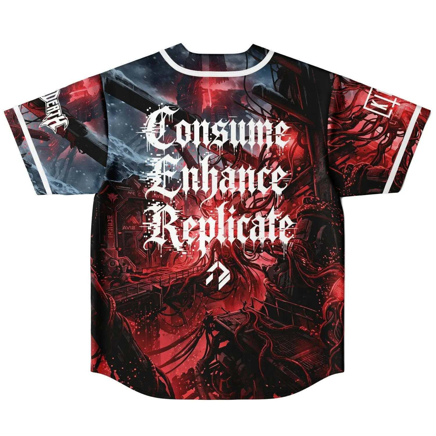 Consume Enhance Replicate Red Cyborg Reversible Baseball Jersey