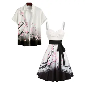 2025 Floral Print Women's Sweetheart Neck Ruched Bust Belt Dress and Men's Button Up Shirt Hawaii Matching Outfit,Valentine's Day Gift,Summer Outfits