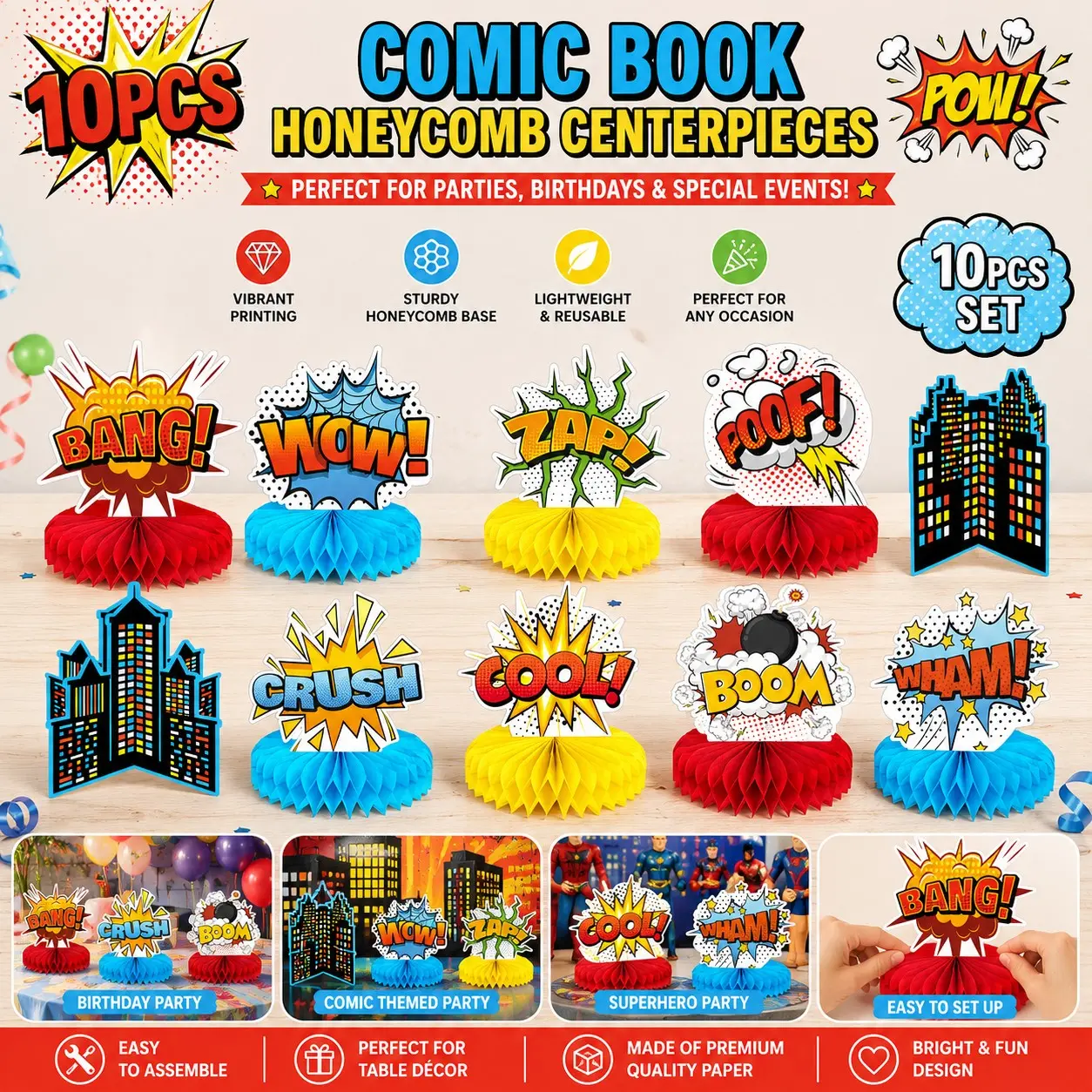 Superhero Theme Honeycomb Centerpiece, 10pcs/set 3D Table Topper, Paper Centerpieces, Fun Action Sign Standing Cards for Birthday Party Baby Shower Decor, Party Decoration Supplies, Ornaments, Birthday Party Decorations