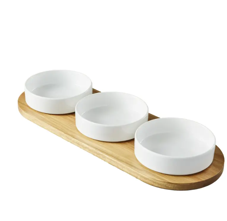Acacia Wood Tray and Stoneware Bowl for Condiment, 19.69x7.28x2.17 in,3.96 lb Ceramic Set Cutlery Stylish