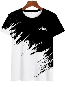 Men's and Ink Splash Mountain Print Short Sleeve T-Shirt, Casual Streetwear Top for Daily Wear, Fitted Style with Random Print