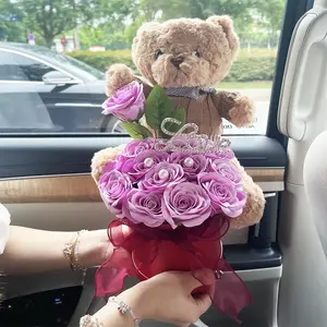Artificial Flower Bouquet with Bear Doll, 1 Box Rose Bear Cake Box, Perfect Gift, Birthdays, Anniversaries, Decor