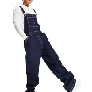 Men's Plus Size Lightweight Denim Bib Overalls - Adjustable Straps, Solid Dark Blue, Casual & Workwear Style, Machine Washable