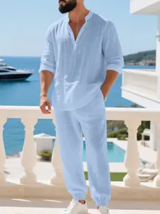 Men's Linen Two-Piece Set, Comfortable Casual Fabric, Hawaiian Style Long Sleeve Shirt & Pants, All-Season Wear