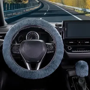 Furry  Steering Wheel Cover with Fluffy Gear Shift Cover Soft Warm Non-Slip  Decoration for Men Women Girls 2 count Set, Blue Gray