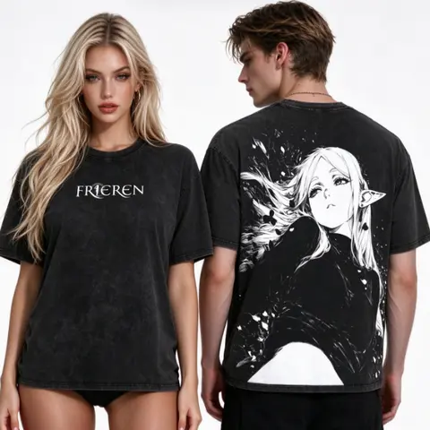 Frieren Beyond Journey's End Acid Wash Oversized T-Shirt, Double Sided Print Frieren Elf Manga Graphic Tee, Vintage Washed Anime Shirt for Men Women, Unisex Streetwear Cotton Tshirt