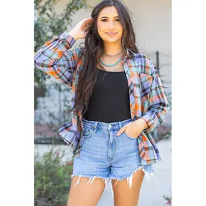 Orange Plaid Print Loose Vintage Shirt