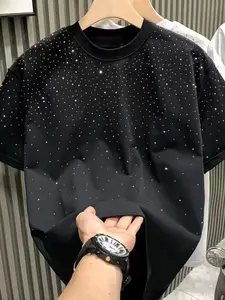 Viral Starry Sky Rhinestone T-Shirt, Men's Black All-Over Sparkle Graphic Tee, Aesthetic Glitter Streetwear, Summer Party OOTD, Trendy Daily Wea