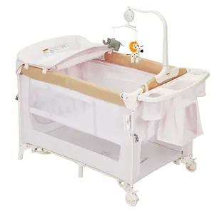 4 in 1 Portable Baby Playard, Baby Bedside Crib,Rock Bassinet, Diaper Changer, Infant Pack and Play Playard Toddler Large Playpen with Newborn Changing Table, Storage Pocket,Mattress, Rotating Toy Bar