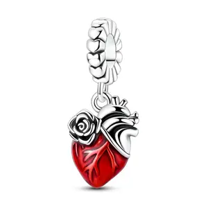 Anatomical Heart & Rose Dangle Charm | Gothic Bead for Bracelets | Edgy Jewelry Gift